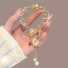 Women's Vintage Floral Banana Hair Clip, Rhinestone Pearl Tassel Ponytail Hair Hoop, Elegant Metal Curved Hair Clip, Suitable For Daily Wear And Parties - Multicolor - View 3