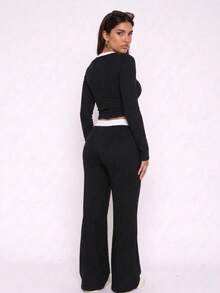 Striped Ribbed Knit 2 Pieces Set For Women, Round Neck Long Sleeve Top And High Waist Drawstring Flare Pants Casual Outfit - Black - View 4
