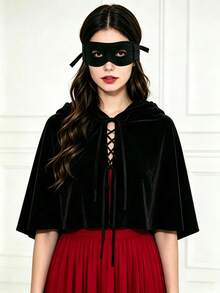 2pcs/1pc Halloween Party Performance Short Black Velvet Hooded Cape + Eye Mask Set. Used For Various Festival Decoration Accessories - Multicolor - View 4