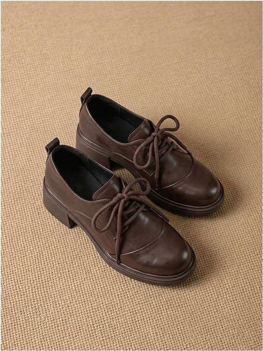 Women's Vintage British Style Oxford Shoes, Chunky Heel Height-Increasing Design, Lace-Up Simple Daily Work Casual Shoes - Brown - View 1