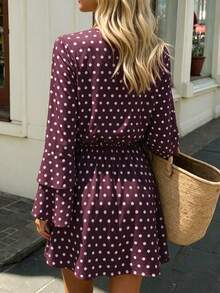 All-Season Polka Dot Print Front Bow Thin Strap Double Layer Flared Sleeve Elastic Waist Design Fashionable Elegant Women's Short Dress - Multicolor - View 5
