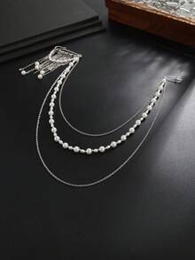 1pc Creative Minimalist Metal Tassel Brooch, Multi-Layer Faux Pearl Beaded Chain, For Suit, Pants Decoration, Versatile Brooch Personalized Jewelry - Silver - View 6