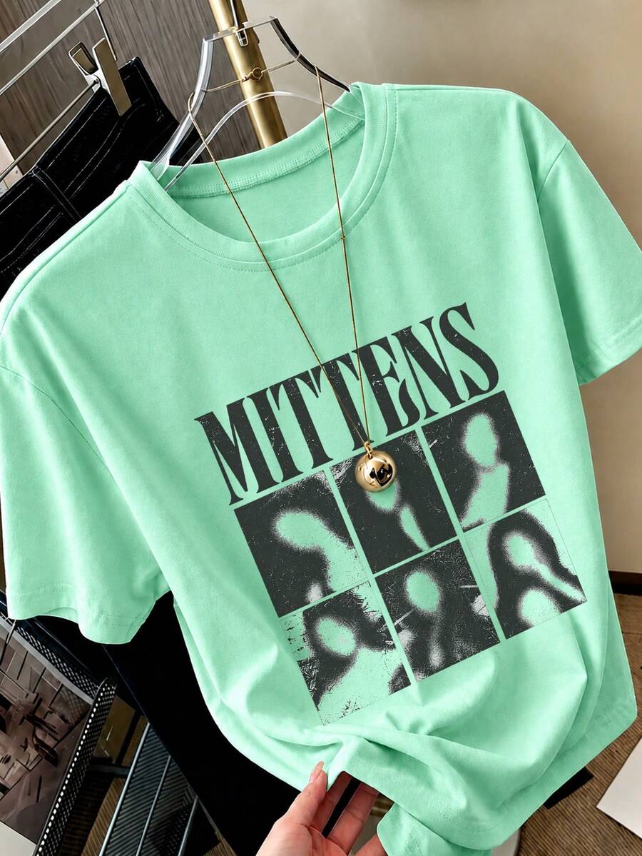 1pc Printed Pullover Short Sleeve T-Shirt, Student Young Children's Clothing, Summer Gift For Tween Girl - Mint Green - View 1