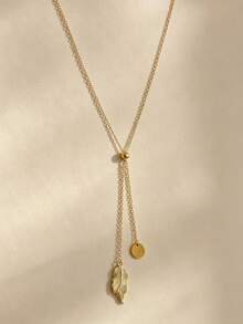 1pc Gold Stainless Steel Hypoallergenic Leaf Pendant Adjustable Long Necklace For Women, Elegant Style Suitable For Street Photography And Daily Decoration - Gold - View 2