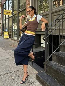 Celana Capri Wanita Model Lebar dari Kain Tenun, Tidak Melar, Celana Lebar Modis, Menciptakan Tampilan Gaya Vintage - Navy Blue - View 7