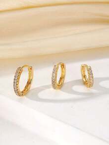 3pcs European And American Round Copper Material Rhinestone Stud Earrings Set, Fashionable Minimalist Elegant Niche High-End Earrings For Women Daily Wear (3pcs, Not 3 Pairs) - Three-piece Earrings - View 2