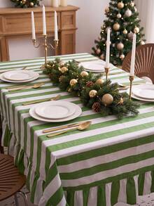 1pc Green And White Classic Wide Striped Tablecloth, Traditional Country Style, Rectangular With Scalloped Edge And Pleated Details, Stain-Resistant Protective Table Cover, Suitable For Christmas, Family Gatherings And Winter Holiday Dining Room Decor - Green - View 7