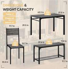 Juego de Comedor de 4 Piezas Lavado Gris 110.2x69.9x74.9 cm| Mesa de Cocina Rectangular con 2 Sillas y Banco Largo con Estante Inferior| Diseño Industrial de Metal Negro para Espacio Pequeño| Fácil de Armar - Gris Oscuro - Ver 3