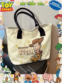 Miniso Disney Toy Story Sheriff Woody Canvas Tote Bag, Beige With Handle Shoulder Bag, Suitable For Daily Use - Black - View 2