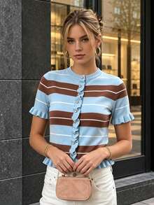 Women's Preppy Striped Knit Cardigan With Ruffle Trim And Gold Buttons, Short Sleeve Round Neck - Blue - View 1