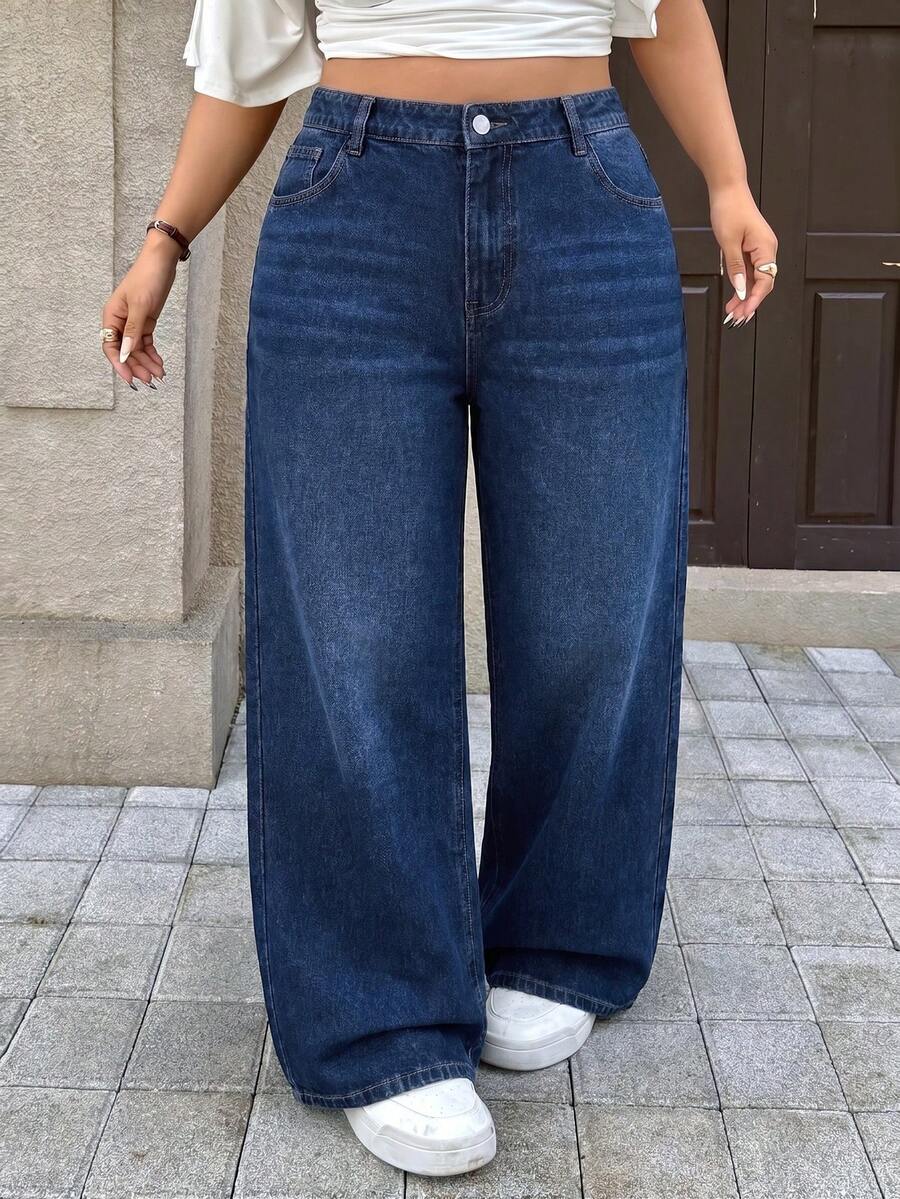 Plus Size Dark Wash High Waist Straight Leg Jeans Fall Winter Vintage Y2K Washed Denim Pants - Blue - View 1