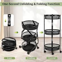 3-Tier Round Rotating Cart, Black Metal Mesh Basket, Universal Wheels, Movable Storage Organizer For Kitchen Bathroom Living Room - Multicolor - View 6
