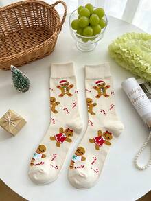 1/2 Pairs New Autumn/Winter Christmas Cute Gingerbread Man Candy Cane All-Over Print Mid-Calf Socks, Holiday Atmosphere Socks, Eye-Catching Socks For Daily Wear - Multicolor - View 14