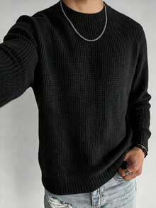 Men's Solid Color Crew Neck Jacquard Thick Vertical Stripe Knit Sweater, Loose Textured Basic Pullover Inner Layer For Autumn/Winter - Black - View 5