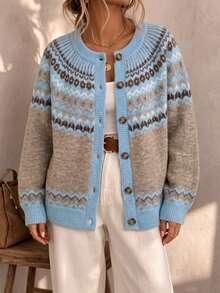 Women's Knitted Jacquard Cardigan - A Vintage Style Knitted Cardigan With Nordic Pattern, Perfect For Wearing During Winter Vacation - Mixed Color 1 - View 4