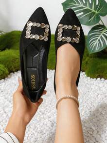 Women's Pointed Toe Flat Shoes, Faux Suede Comfortable Dress Flats, Suitable For Wedding Guests, Non-Slip Soft Sole Office Flats, Suitable For Work, Party, Date - Black - View 4