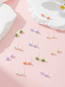 12 Pairs Boxed Women's Stud Earrings, Simple & Exquisite Multi-Color Fresh Floral Earrings, Suitable For Daily Wear, Dating, Outings, Vacation, Beach, Holiday Gift - Multicolor - View 2