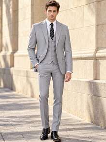 Men 3 Pieces Business Wedding Suits, 2 Button Single Breasted Blazer V-Neck Vest Straight Pants, Daily Repeated Formal Wear - Light Grey - View 9