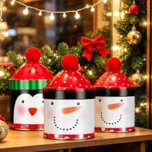 2pcs Christmas Storage Jars, Metal Decorated Penguin & Snowman Cute Red Top Fluffy Lid, Gift Storage Box - Multicolor - View 5