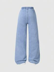 1pc Girls Casual Wide Leg Straight Leg Button Denim Jeans, Fashionable Blue, Fitted Size, Please Order One Size Up For Loose Fit - Medium Wash - View 2