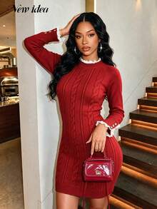 NEW IDEA Women Glam Red Fall Winter Sweater Dress, Cable Knit Bodycon Mini Dress With Lace Trim & For Cocktail, Dinner & Christmas Holiday Party - Red - View 3