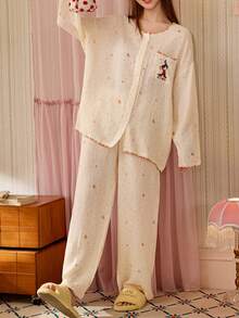 Gongdie 2pcs Disney Mickey Women's Pajama Set, White Cotton Soft Loungewear For Autumn, With Rainbow Trim And Pockets - Apricot - View 4