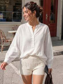 Women's Casual Fashion White Solid Color Sheer Stand Collar Front Button Regular Fit Long Sleeve Shirt, Suitable For Home, Office, Daily Wear, All Seasons - White - View 3