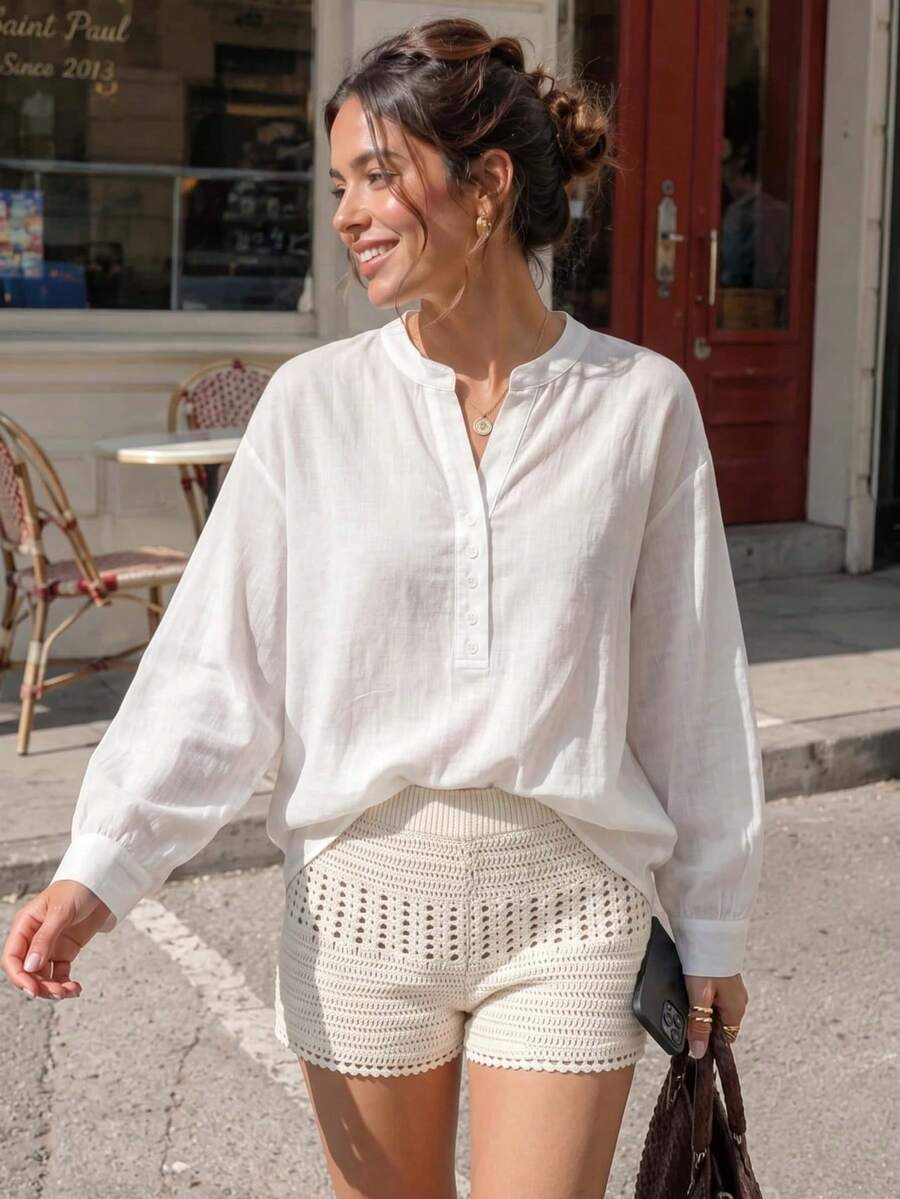 Women's Casual Fashion White Solid Color Sheer Stand Collar Front Button Regular Fit Long Sleeve Shirt, Suitable For Home, Office, Daily Wear, All Seasons - White - View 1