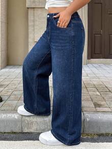 Plus Size Dark Wash High Waist Straight Leg Jeans Fall Winter Vintage Y2K Washed Denim Pants - Blue - View 5