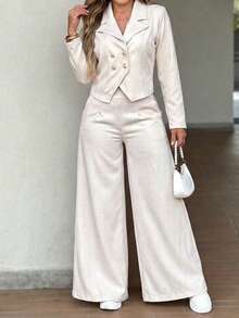 LUNNELUX Women Fall 2 Pieces Suit Set, Lapel Long Sleeve Double Breasted Blazer & High Waist Wide Leg Trousers Office Daily Outfit With Side Pockets - Beige - View 9