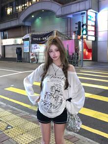 Women's White Long Sleeve Knit Drop Shoulder Top Graffiti Cover Up Long Sleeve T-Shirt Early Autumn Sun Protection Base Layer Versatile Top - White - View 2