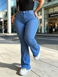 Women's Plus Size High Stretch Denim Flare Pants, With Pockets And Zipper Button Closure, Y2K Daily Wear Style - Blue - View 6