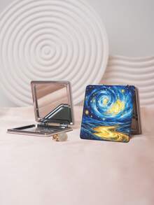 1PC Van Gogh Series Portable Vanity Mirror, Foldable Lightweight Ultra-Thin Convenient Hand Mirror, Durable PU Leather, Suitable For Multiple Scenarios And All People, Foldable Small Square Mirror, Pocket Mirror, Fresh Abstract Starry Sky Sunflower Sun Pattern Design, Exquisite Delicate Foldable Structure, Durable Reliable Drop-Resistant, Easy To Carry, Handheld Makeup Mirror, 180° Flip Cover Multifunctional - Multicolor - View 2