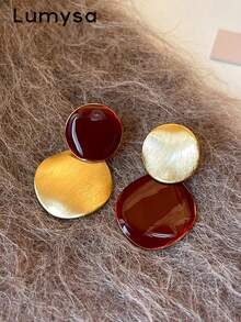 1 Pair Vintage Hong Kong Style Red Oil Drop Round Disc Earrings, Suitable For Women's Daily And Holiday Wear - Golden Yellow + Burgundy - View 1