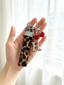 26 Alphabet Letter Keychain Pendant Creative Leopard Print PU Rope Key Strap, Cherry Charm, Car Keychain Pendant, Bag Charm Accessory, Key Decoration Accessory, 26 Letters To Choose From, Meaningful Gift For Family And Friends On Holidays - Brown - View 28