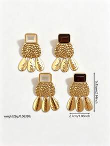 2pcs European & American Old Money Style Round Gold Tiger Eye Aurora Leaf Pendant Earrings For Women & Girls, Daily Casual Party Jewelry Gift - Rectangular - View 7