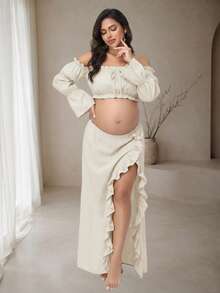 JustVH Maternity 2-Piece Set Off-Shoulder Bell Sleeve Top & Ruffle Slit Skirt, Suitable For Beach Photos And Baby Shower Party - Apricot - View 6