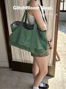 New Japanese And Korean Style Solid Color Striped Velvet Large Capacity Shoulder Bag Tote Bag Handbag Shopping - Green - View 1