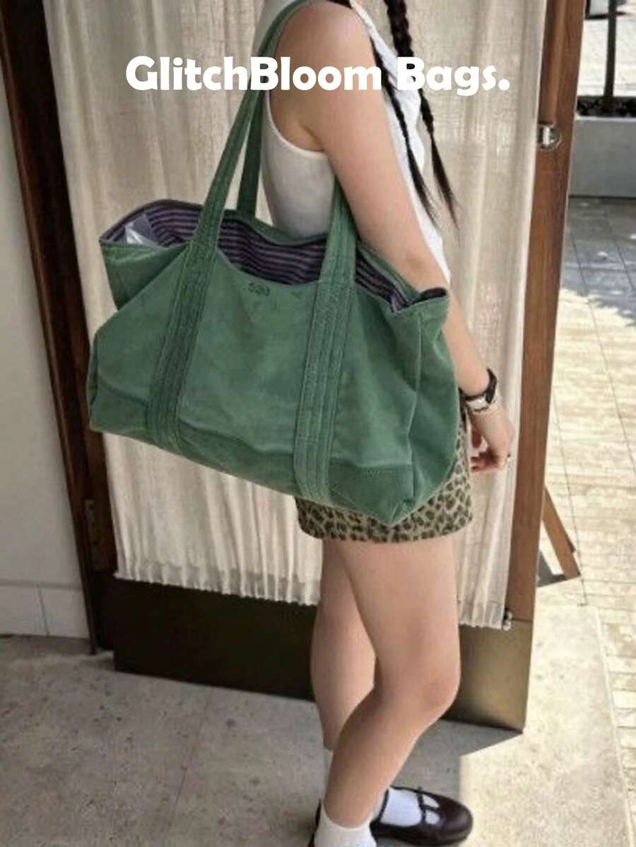 New Japanese And Korean Style Solid Color Striped Velvet Large Capacity Shoulder Bag Tote Bag Handbag Shopping - Green - View 1