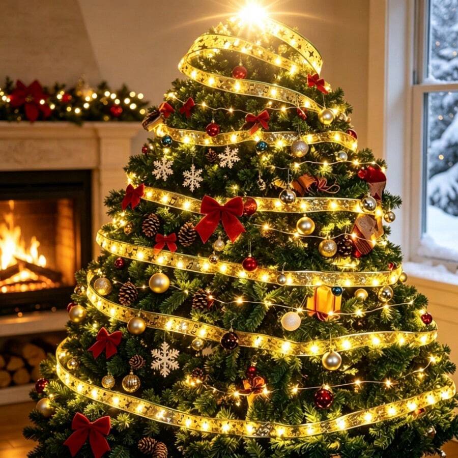 2pcs Christmas Tree Ribbon Lights, Christmas Decorations, Holiday Celebration Decor, Indoor Party Decoration, Ribbon Lights, Room Decoration Lights, Holiday Lighting, Suitable For Halloween, Thanksgiving And New Year Multi-Functional Decor - Gold - View 1