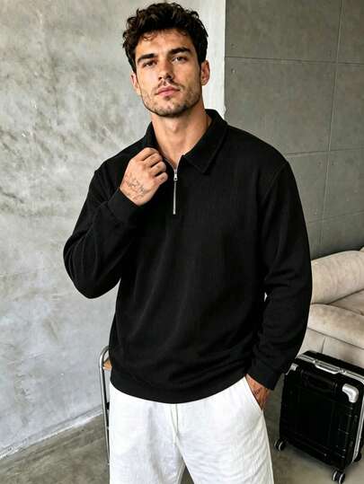 Men's Black Vertical Ribbed Half-Zip Polo Sweatshirt, Loose Drop Shoulder Textured Long Sleeve Top Casual Commute Versatile Knit Jumper
