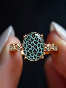 Women's Water Blue Leopard Print Oval Personalized Ring, Gold Tone Transparent Sparkling Rhinestone Decor Fashion Ring, Animal Print Cocktail Jewelry, Suitable For Party, Daily Wear And Gift Giving - Multicolor - View 1