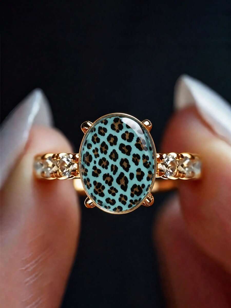 Women's Water Blue Leopard Print Oval Personalized Ring, Gold Tone Transparent Sparkling Rhinestone Decor Fashion Ring, Animal Print Cocktail Jewelry, Suitable For Party, Daily Wear And Gift Giving - Multicolor - View 1