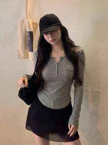 Designer Niche Long Sleeve T-Shirt Women Autumn Minimalist Versatile Slim Fit Flattering Casual Base Layer Top - Grey - View 4