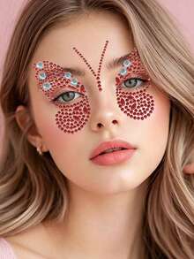 1 Sheet Red Butterfly Pattern Crystal Face Jewel Stickers, Self-Adhesive Round Teardrop Rhinestone Face Gems, Shiny Stick-On Diamonds, DIY Eye Makeup Decor For Rave, Festival, Halloween And Party Looks - Multicolor - View 3