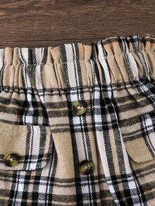 2pcs/Set Baby Girl Autumn/Winter Soft Ribbed Elegant Flutter Sleeve Top And Classic Plaid Skirt, Cute Button Decor, Suitable For Daily Wear, Versatile And Comfortable For Photos - Apricot - View 9