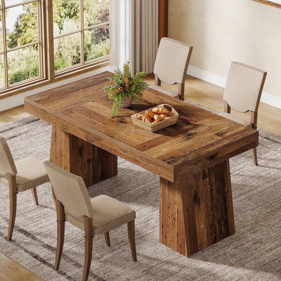 LITTLE TREE 140cm Rectangular Wood Dining Table For 4 People Mid Century Modern Dinner Table With Double Pedestal Rustic Brown For Dining Room Kitchen - Rust Brown - View 1