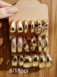 6/18PCS Fashionable Elegant Geometric Multi- Gold Metallic Earring Set, Women's Fashion Earring Set (Lightweight ABS Material, Non-Fading) - Yellow Gold - View 1