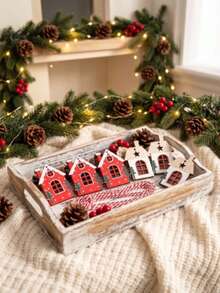 8pcs Christmas Wooden Hanging Ornaments, Small House Shaped Tree Decorations, Rustic Style Holiday Tabletop And Wreath Decor, Exquisite Seasonal Gift, Suitable For Plush Doll Collection, Great Choice For Winter Home Decor - Multicolor - View 5