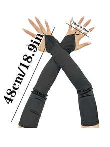 1 Pair Long Fingerless Satin Arm Sleeves, Fresh And Sweet Style, Sun Protection, For Makeup And Ball - Black - View 3